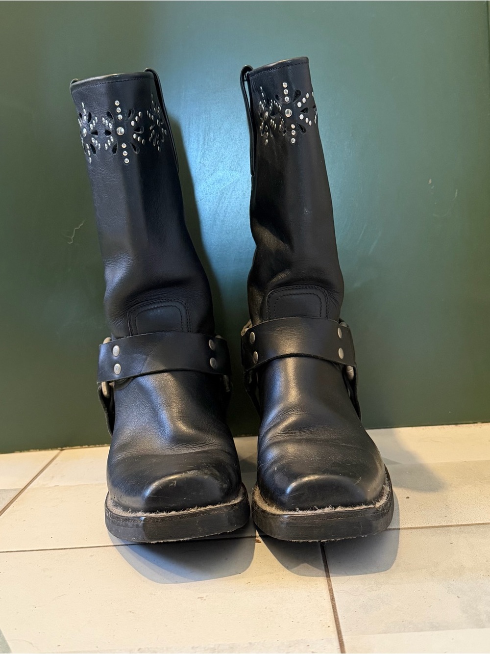 FRYE Women's Black Studded Leather Harness Boots
